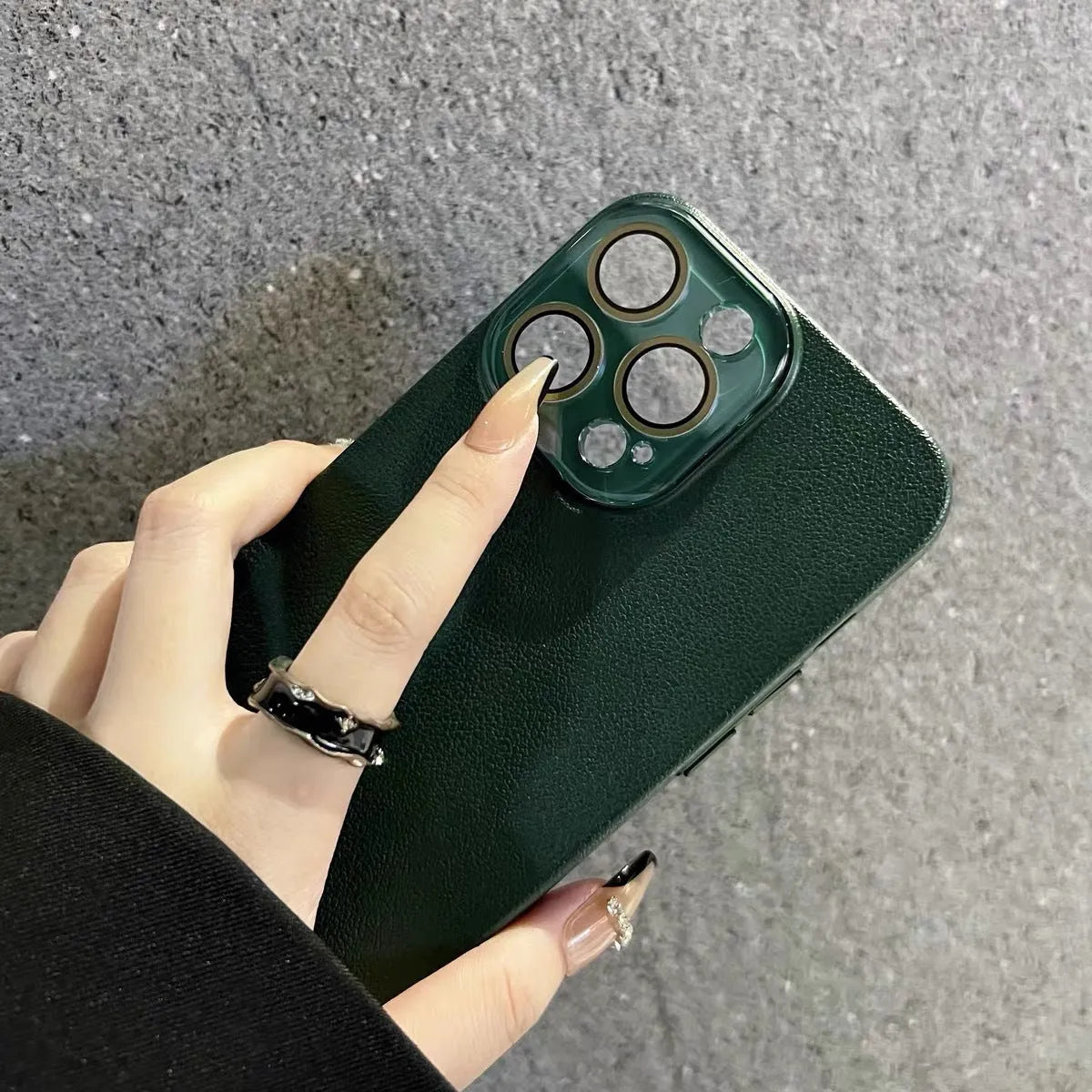 Hard shell phone case with lychee pattern embossing in Black, compatible with iPhone 14 Pro