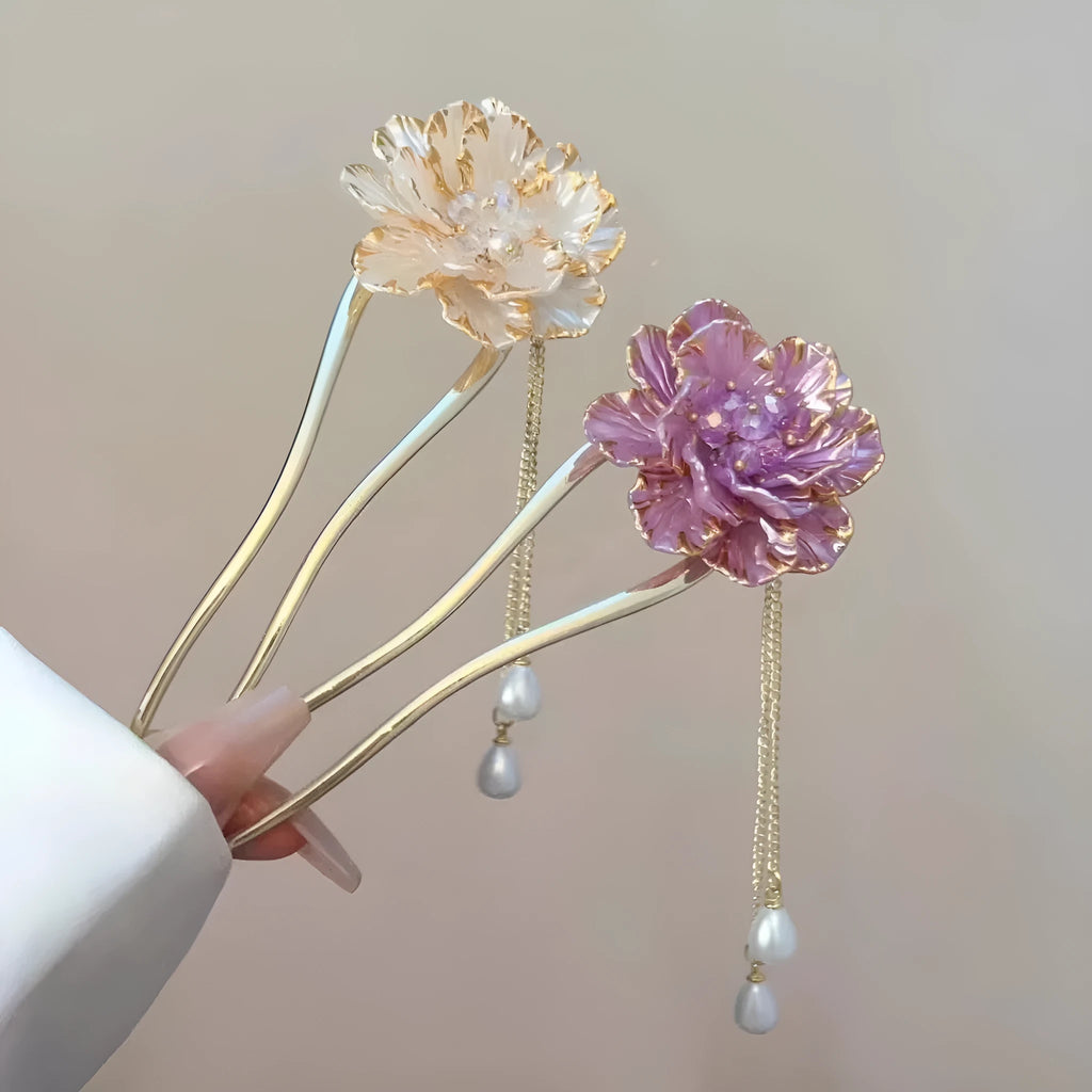 Purple and white peony flower U-shaped hairpin with tassel detailing and alloy construction