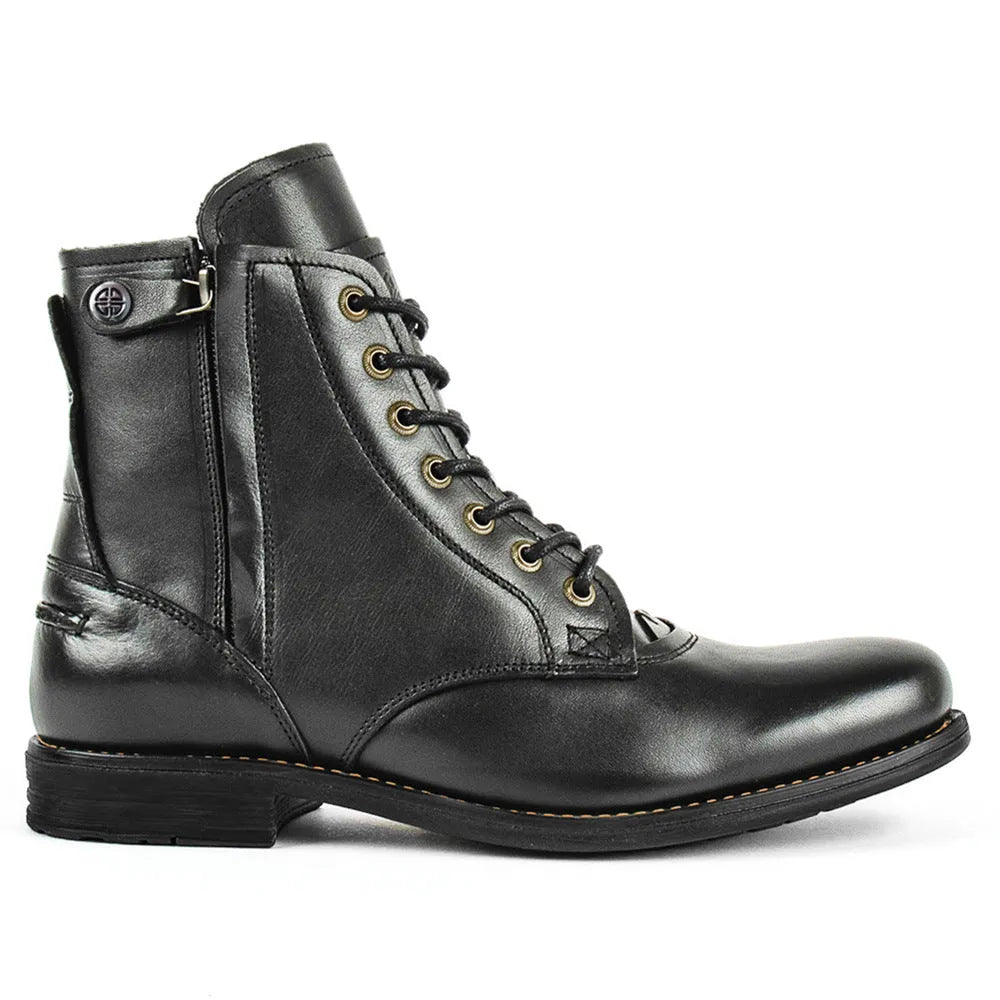 Knight Series black and brown two-tone leather boots with a side zipper and low heel.