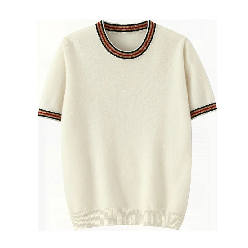 Men's pure wool short sleeve sweater in round neck pullover style shown in neutral colour