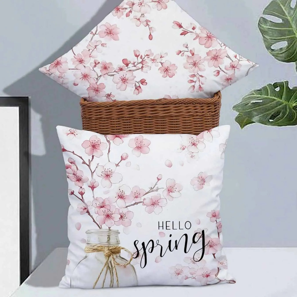 Square 45cm cherry blossom and letter print cushion cover in short velvet fabric.