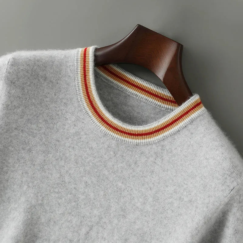 Men's pure wool short sleeve sweater in round neck pullover style shown in neutral colour