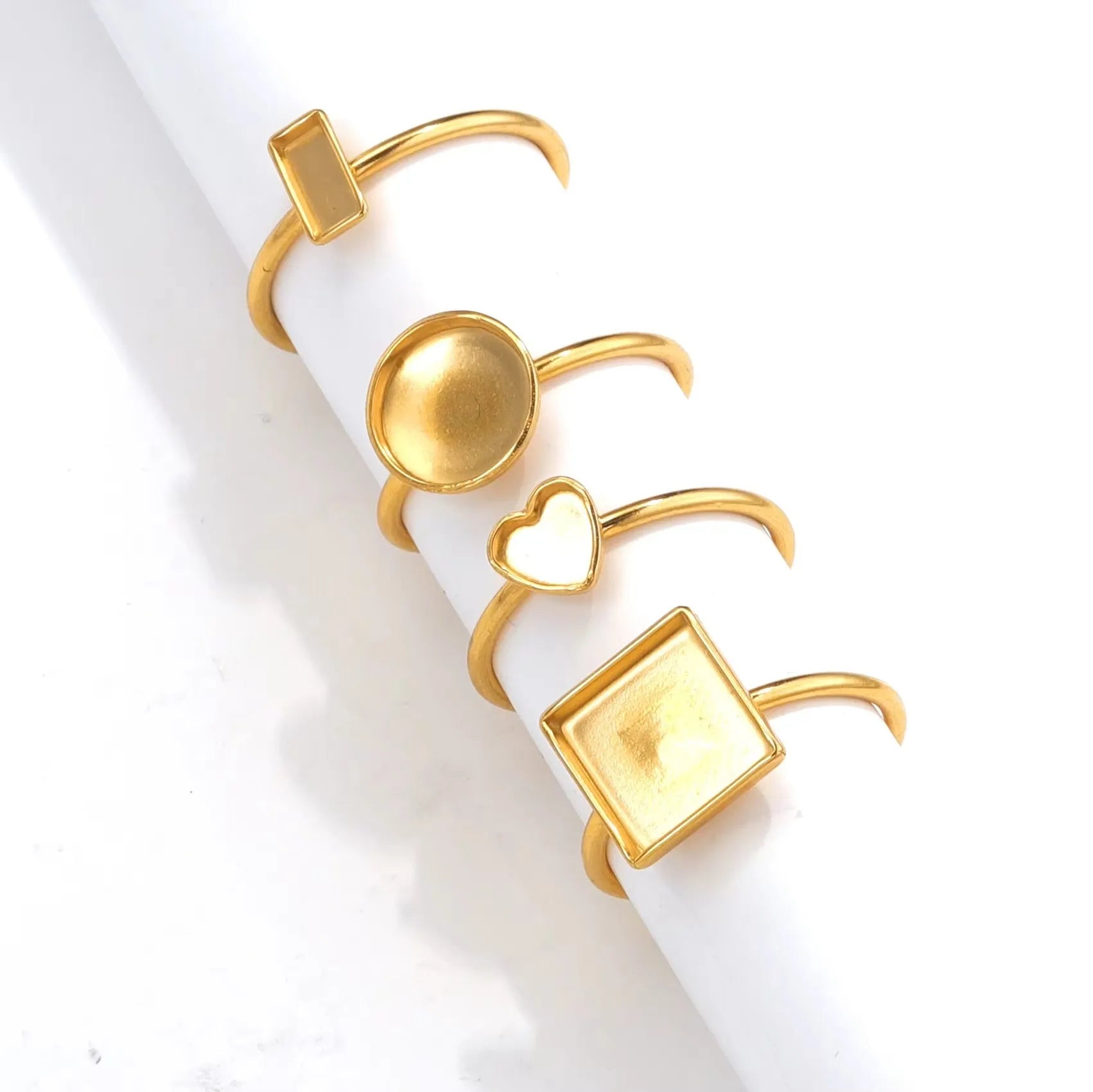 Gold electroplated stainless steel DIY ring setting on holder for jewellery polishing