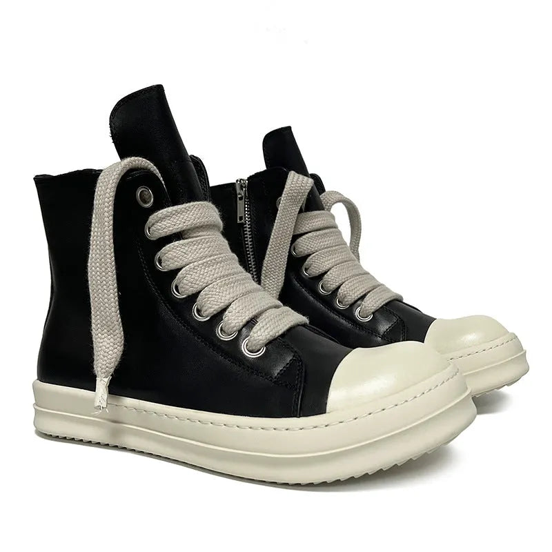 Black genuine cowhide leather high-top sneakers with a side zipper and platform sole.