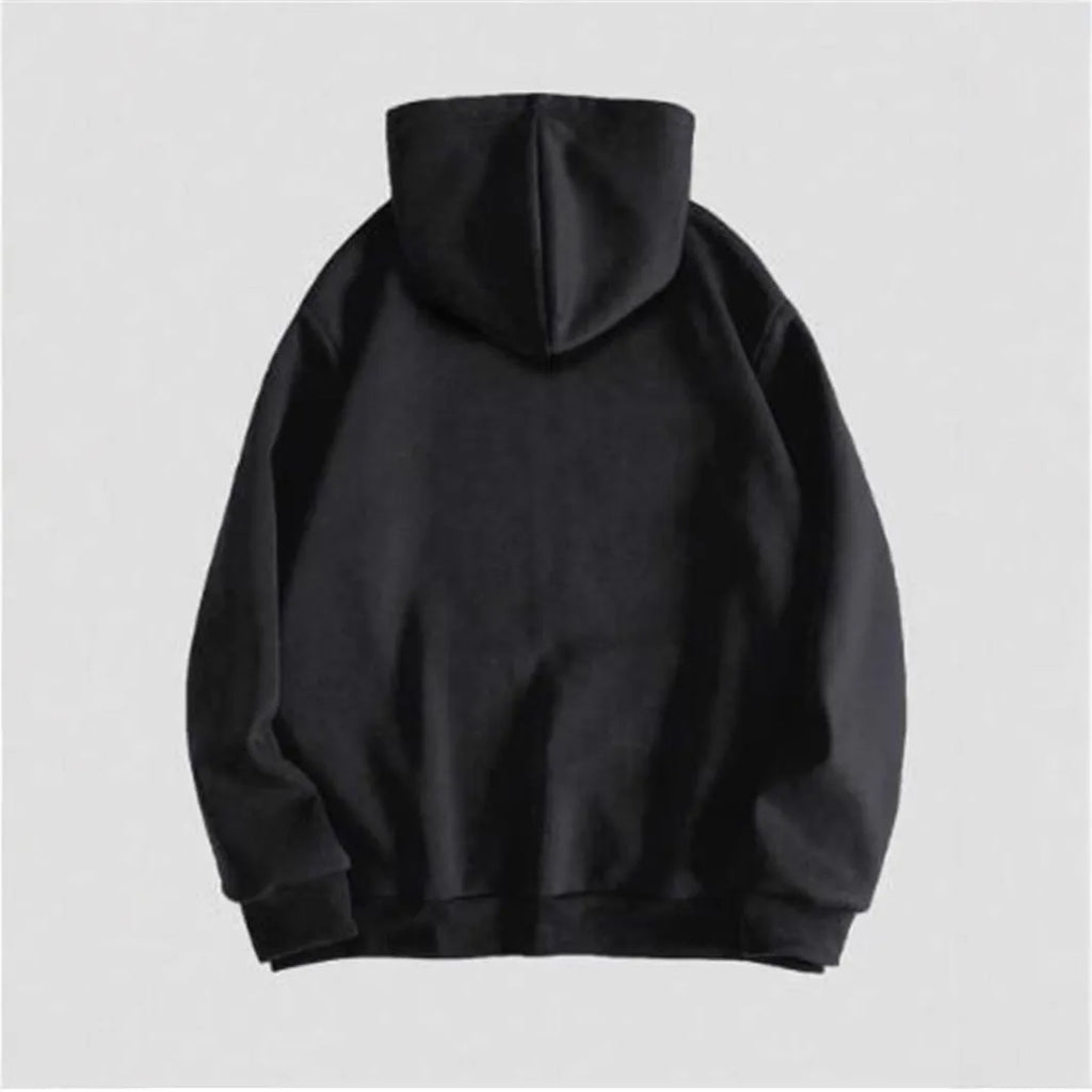 Men's black hooded sweatshirt with a large white skull print on the chest, long sleeves, and a pullover style.