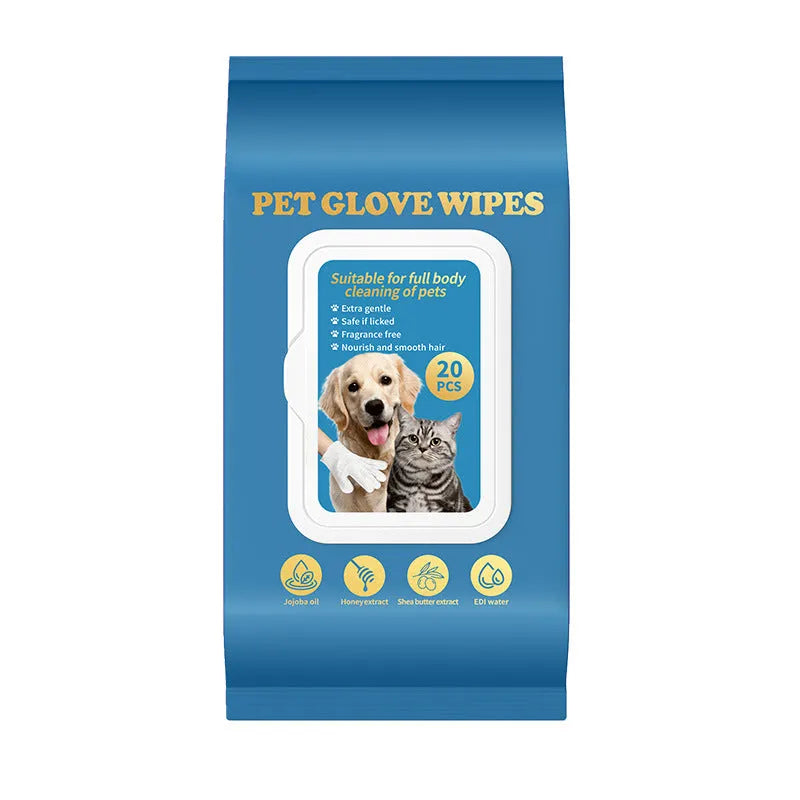 Pack of disposable wash-free gloves for cleaning and bathing pets like cats and dogs.
