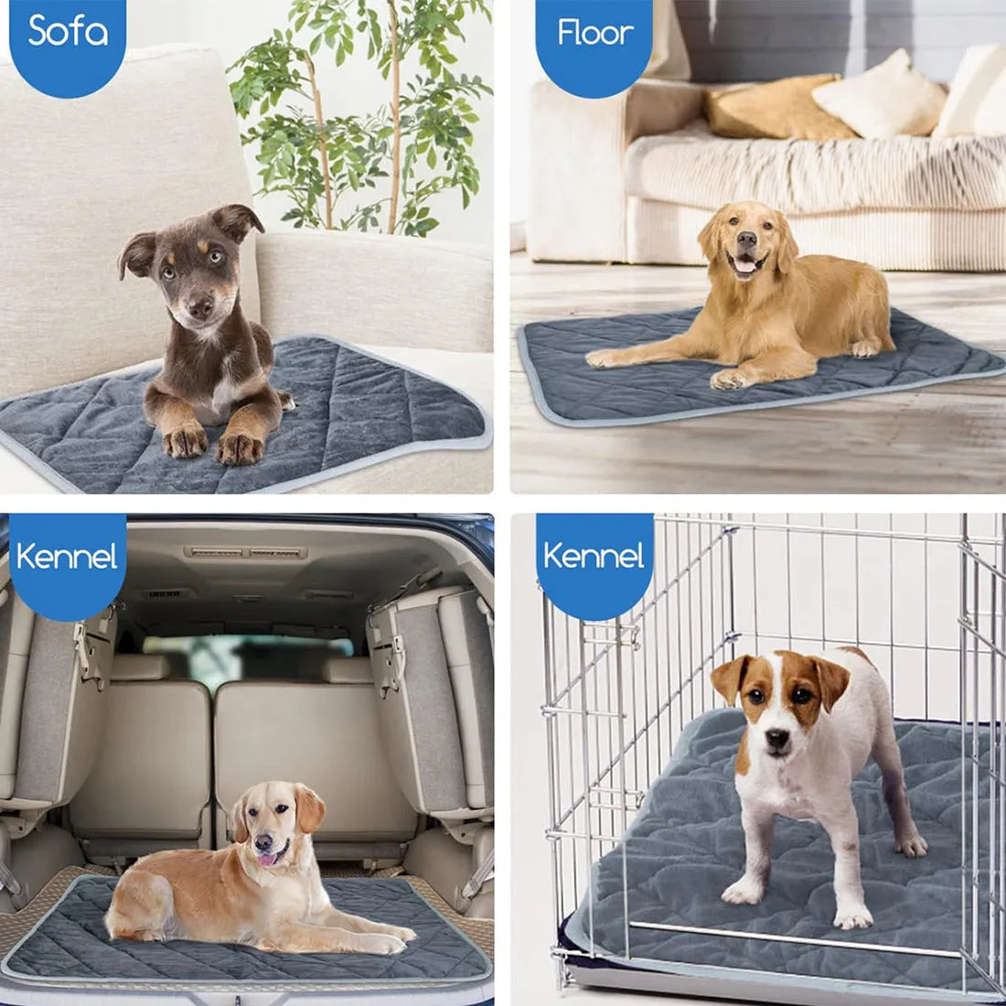 Crystal soft grey cloth personalised pet cushion shown in four available sizes for dogs and cats.
