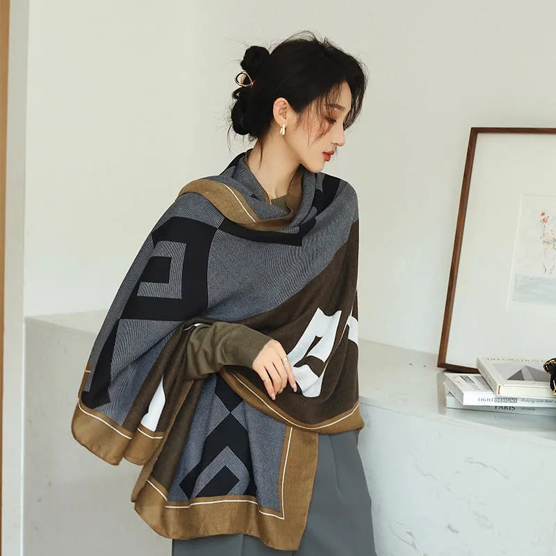 Polyester printed scarf shawl showing 90cm by 180cm dimensions and autumn-appropriate designs