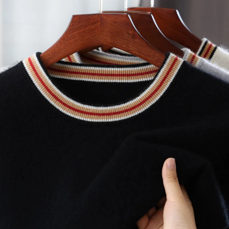 Men's pure wool short sleeve sweater in round neck pullover style shown in neutral colour