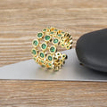 Copper ring with 18K gold plating and three-layer green zircon design in wide band version