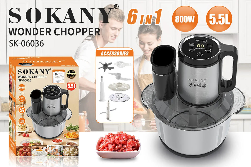 Stainless steel meat grinder with 5L capacity and adjustable speed control for mincing and food processing