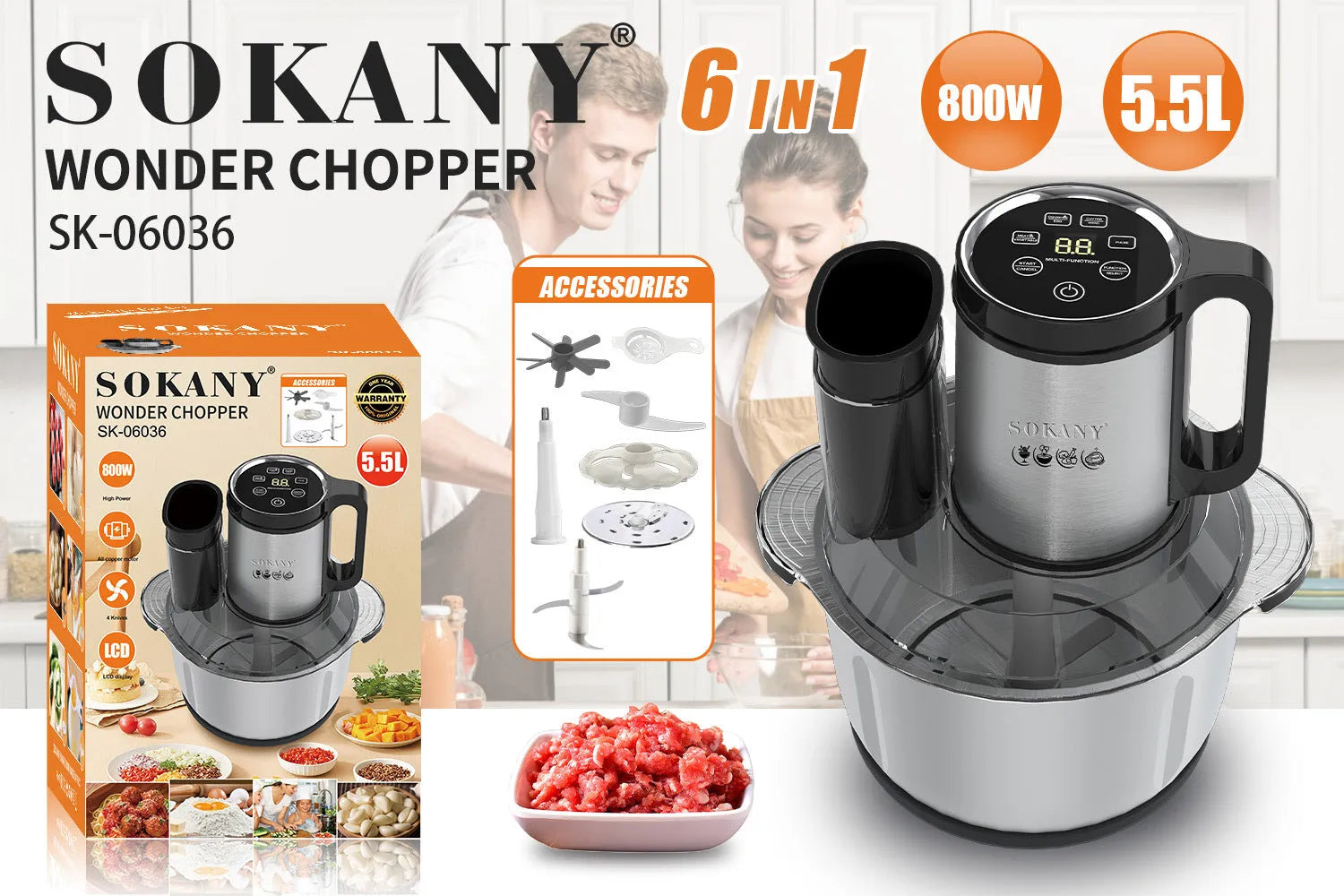 Stainless steel meat grinder with 5L capacity and adjustable speed control for mincing and food processing
