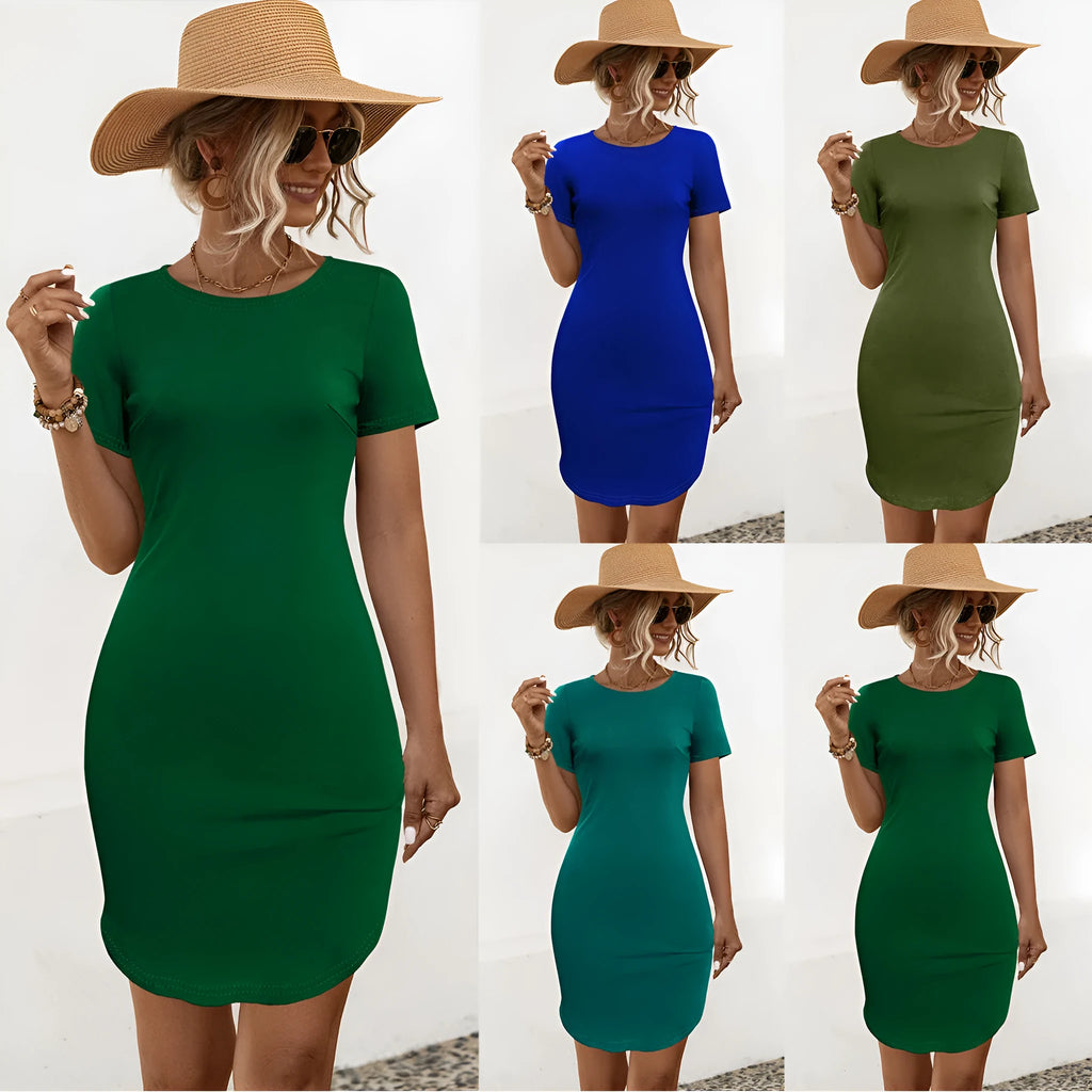 Women's solid colour short sleeve slim dress with U-shaped split neckline in cotton blend fabric