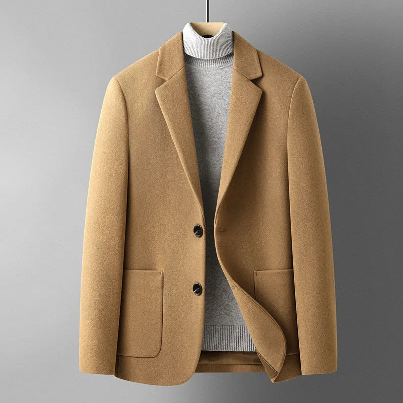 Men's slim fit wool blend suit jacket in grey, shown on a model.