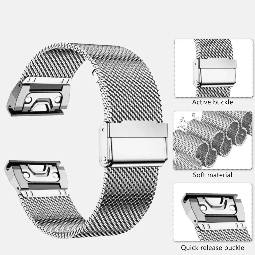 Stainless steel replacement watch strap for Garmin Fenix 7 and 6 models in silver, black, gold, or rose gold.