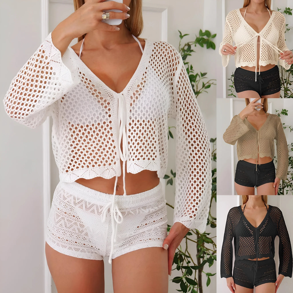 Women's hollow woven cardigan blouse with bell sleeves in apricot colour showing short 40cm length