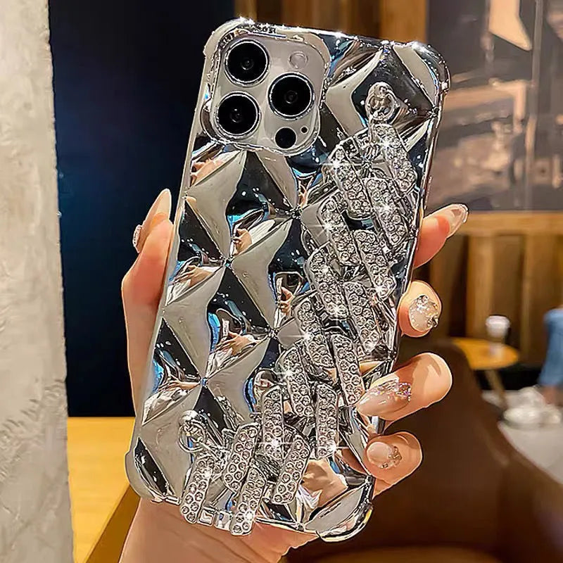 iPhone case with chain design and diamond bracelet wrist strap in silver or gold finish