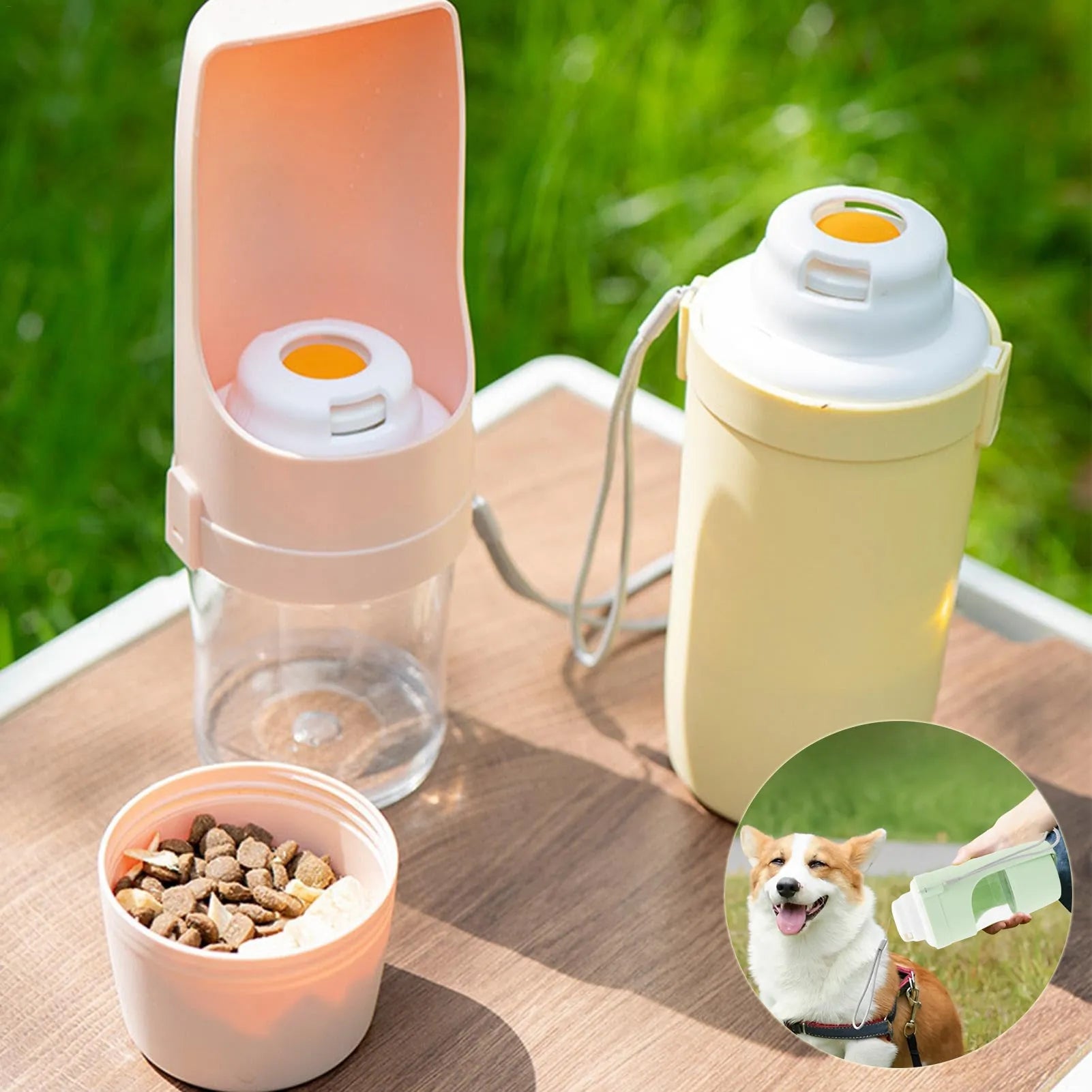 Green portable pet water bottle and food feeder with attached lanyard, showing transparent cup design.