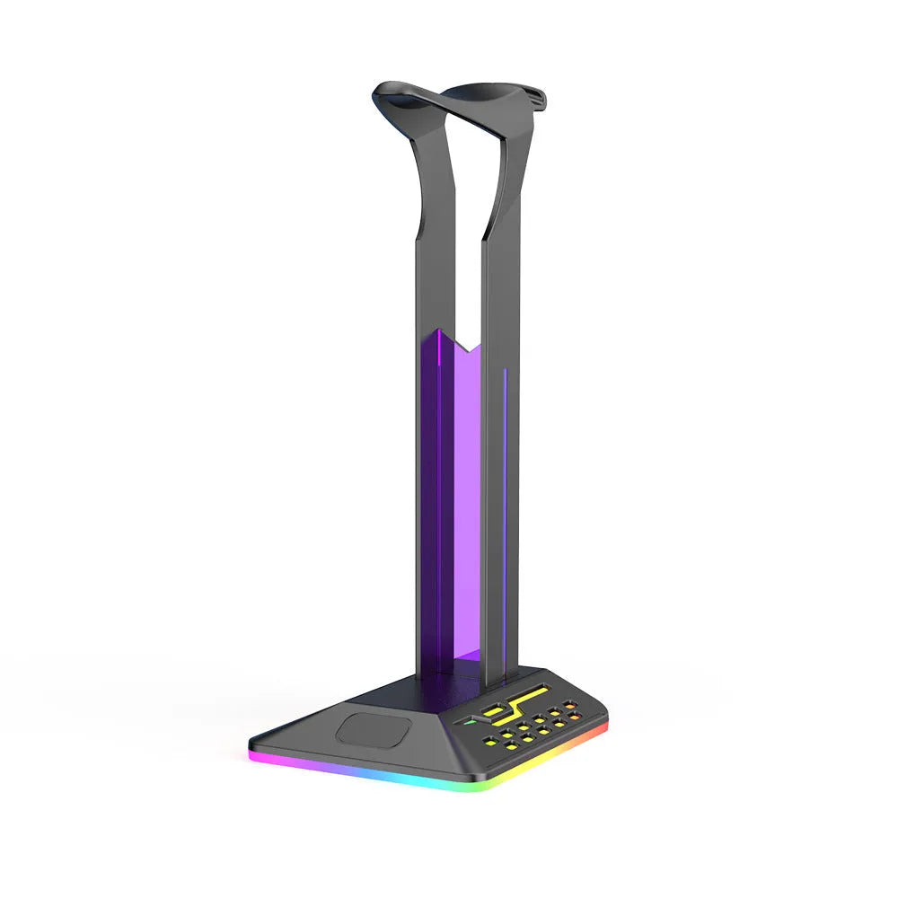 RGB headphone display stand with dual USB ports in black acrylic on a desk