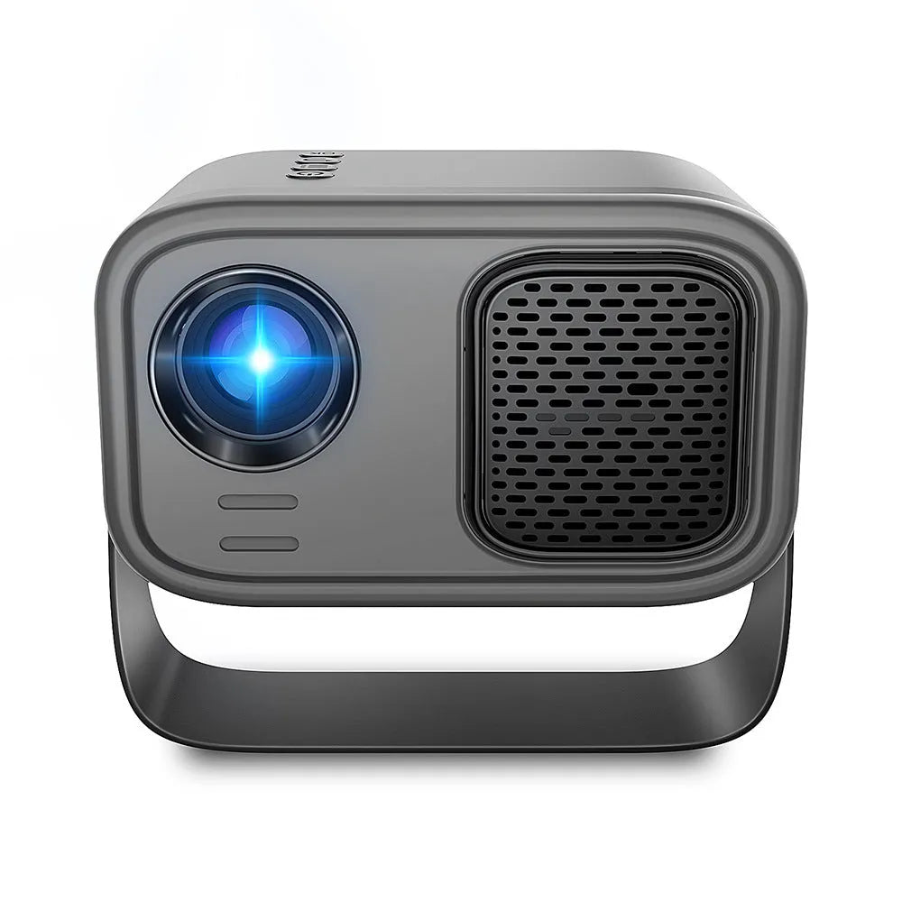 Matte black portable smart HD projector with remote control on wooden surface