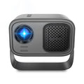 Matte black portable smart HD projector with remote control on wooden surface