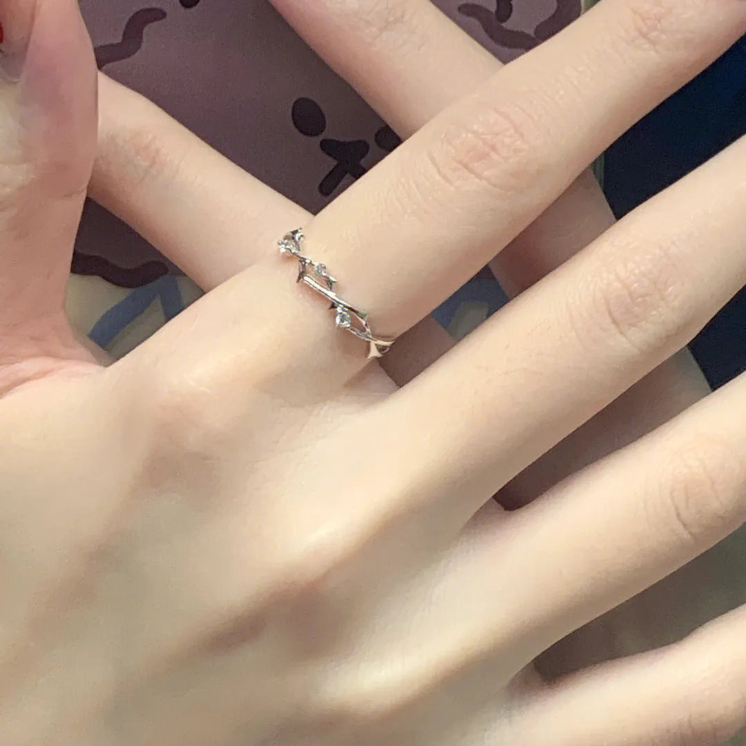 Adjustable open mouth copper index finger ring with inlaid zirconium thorns in geometric irregular shape