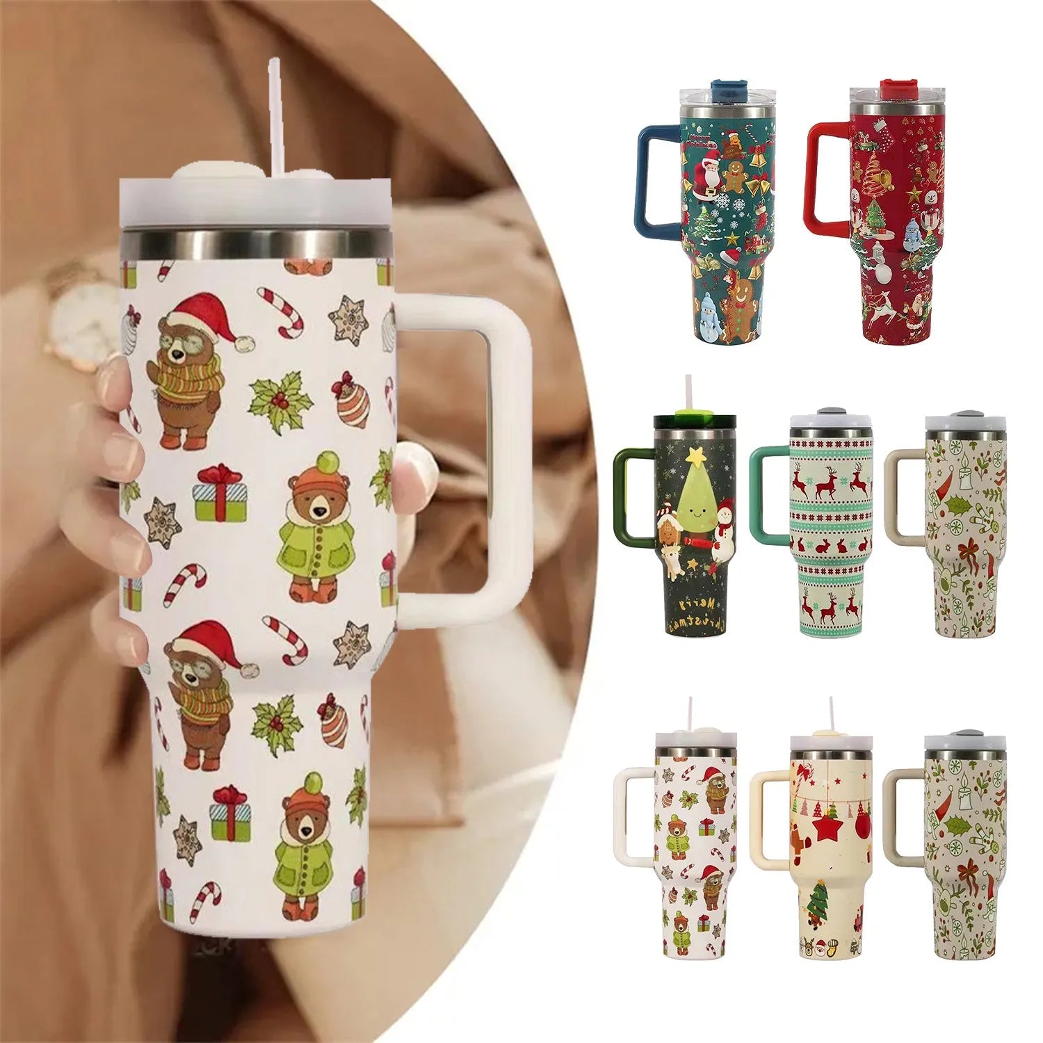 Christmas pattern stainless steel vacuum tumbler 1200 ml with lid, straw and handle on white background