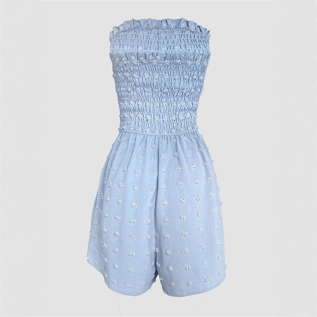 Women's blue off-shoulder jumpsuit with sleeveless design and button details