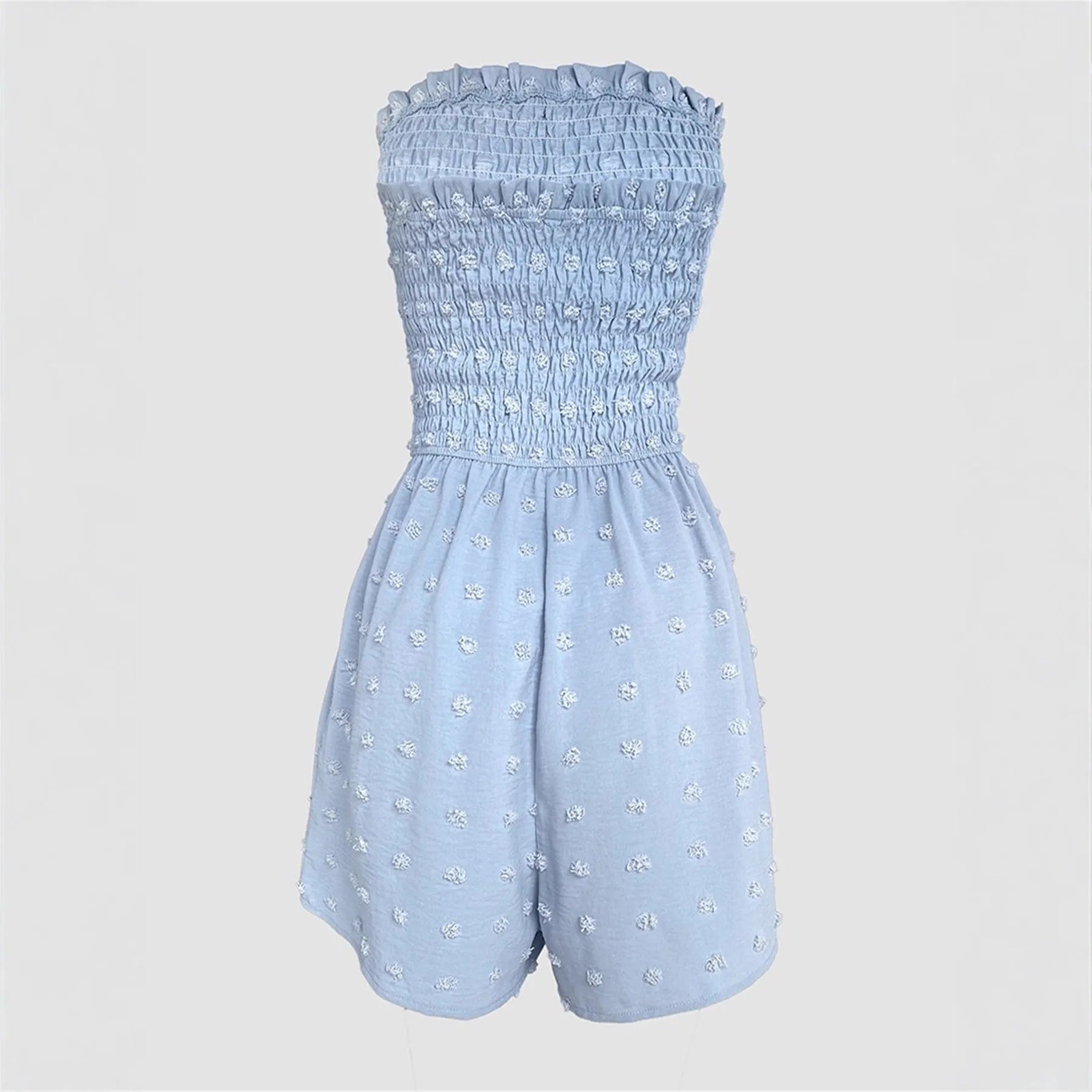 Women's blue off-shoulder jumpsuit with sleeveless design and button details