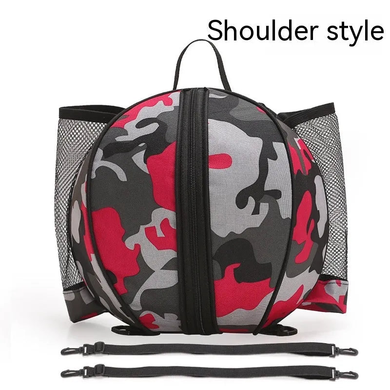 Black Oxford cloth basketball bag with one shoulder strap, shown next to a basketball.