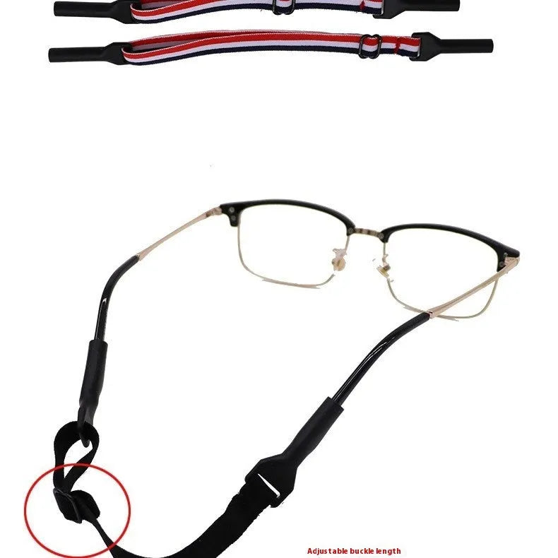 Black adjustable glasses cord with silicone earpiece clips shown on spectacles