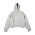 Man wearing a dark grey Chinese cotton hooded sweatshirt with a removable hood and long sleeves.