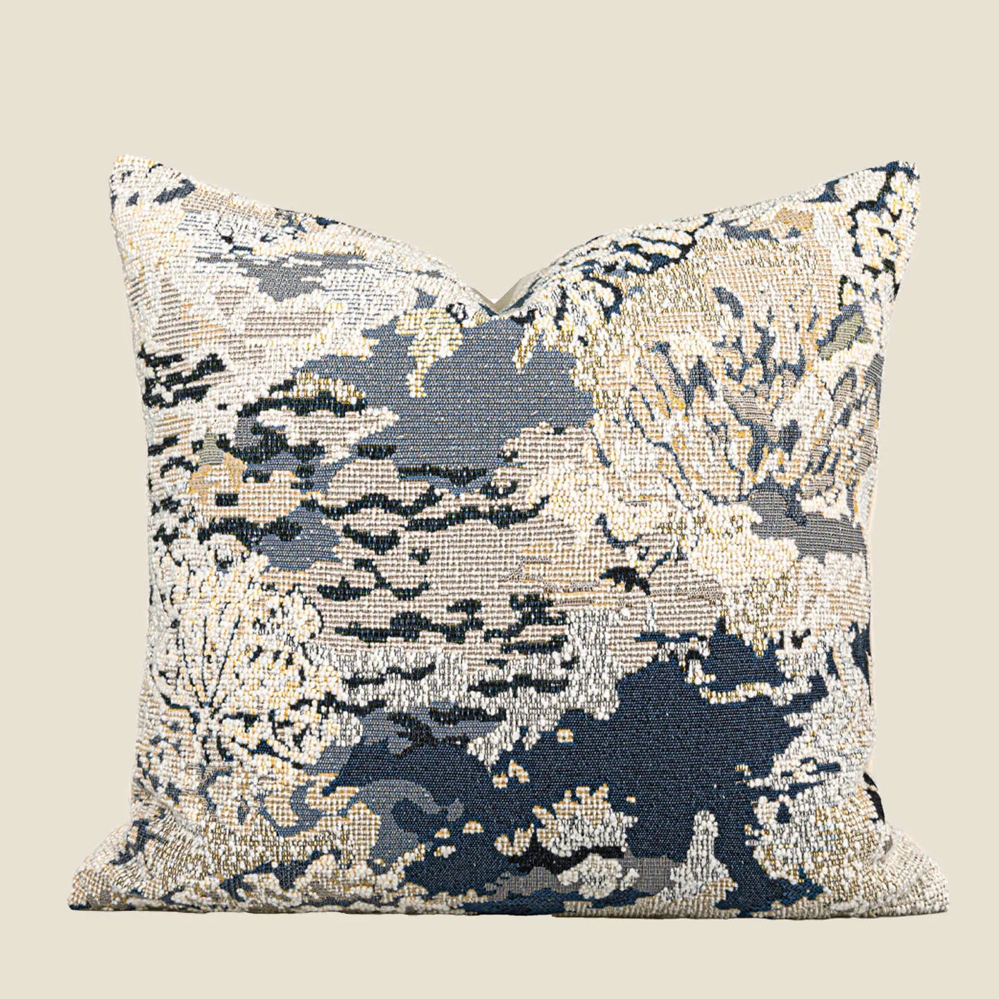 Chinese style antique blue wool blend floral pillow with abstract artistic pattern on feather velvet cushion