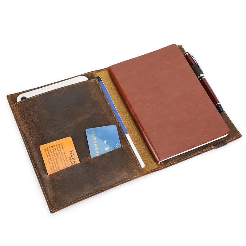 Brown Crazy Horse leather A5 notebook protective sleeve with multi-function pockets