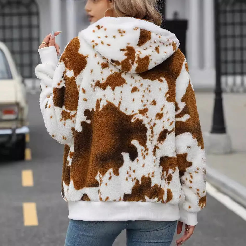 Yellow brown cow print plush cardigan jacket with hood and front zip.