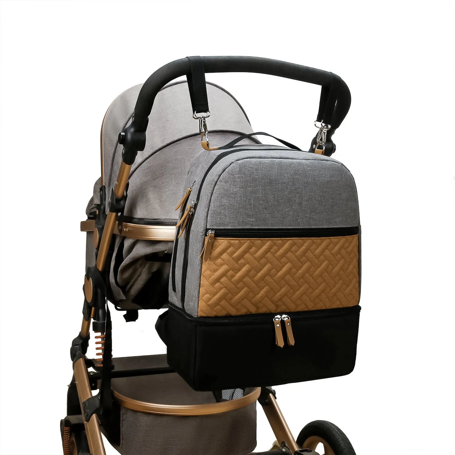 Grey insulated mother and child travel backpack with curved shoulder straps showing organisational compartments