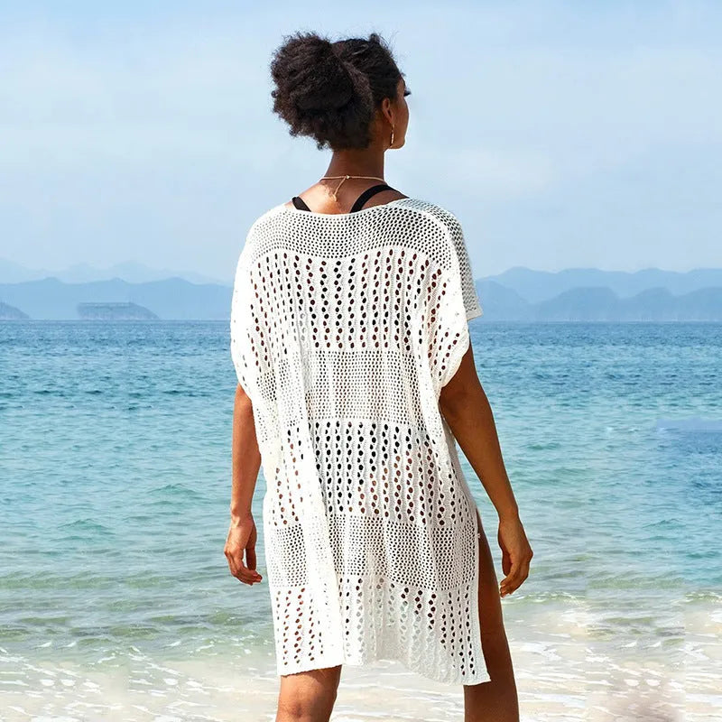 White irregular knit cutout bikini blouse with cotton lining, free size