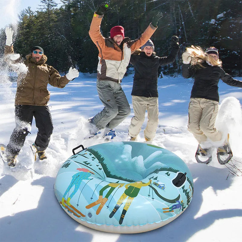 PVC skiing ring toy in red, blue, or mountain print design for outdoor winter games.