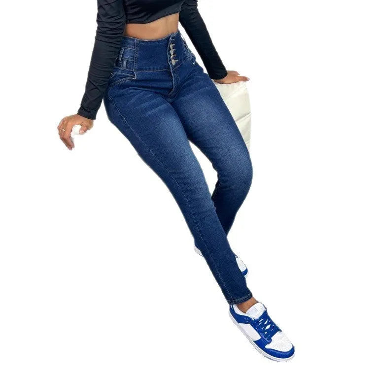 Women's dark blue straight-leg denim trousers with hipster street style detailing
