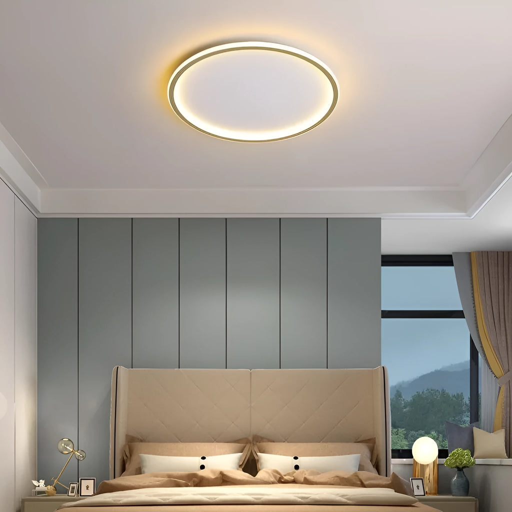 Minimalist black LED ceiling lamp with stepless dimming on white ceiling