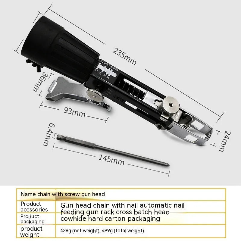 Chain screw gun head attachment for electric screwdrivers with stainless steel construction and plastic handle