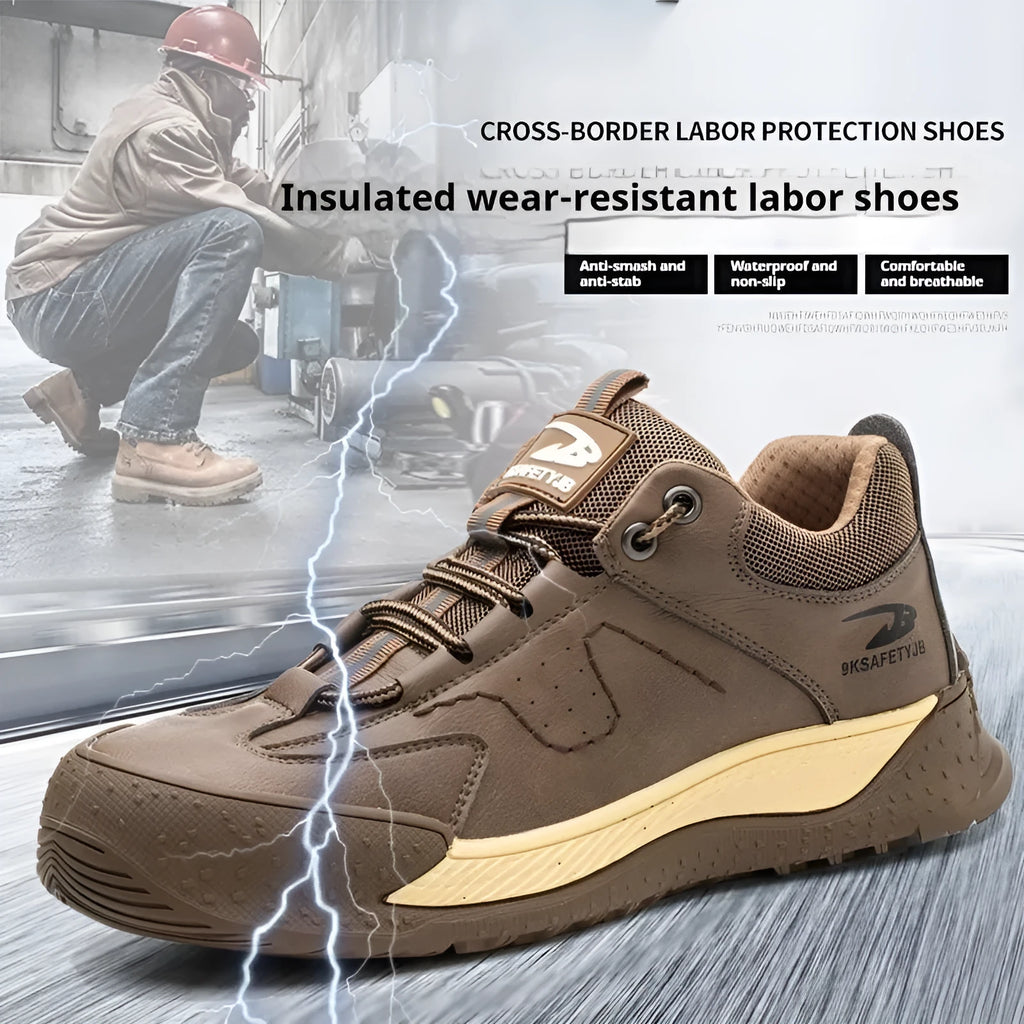 Men's black leather work safety shoe with Flyknit panel and rubber sole on a grey background.