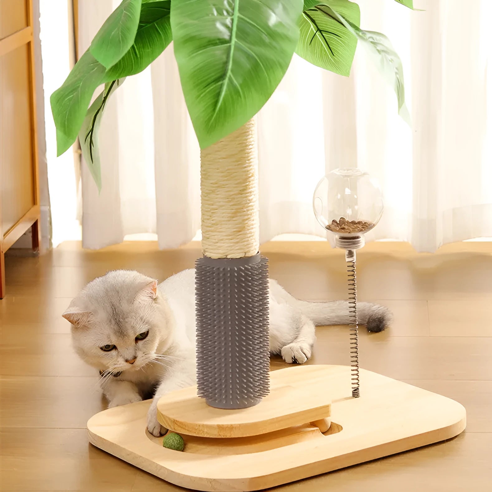 Tall canna-coloured wooden cat scratching post with a food drop ball attached.