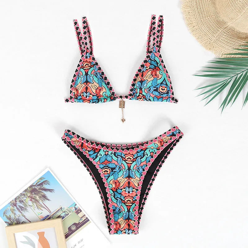 Women's printed polyester bikini swimwear in retro four-colour pattern