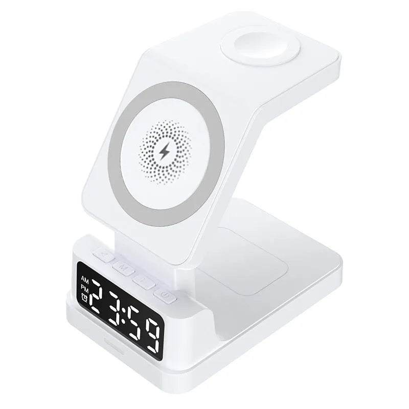 Black magnetic three-in-one 15W wireless charger with clock on a desk