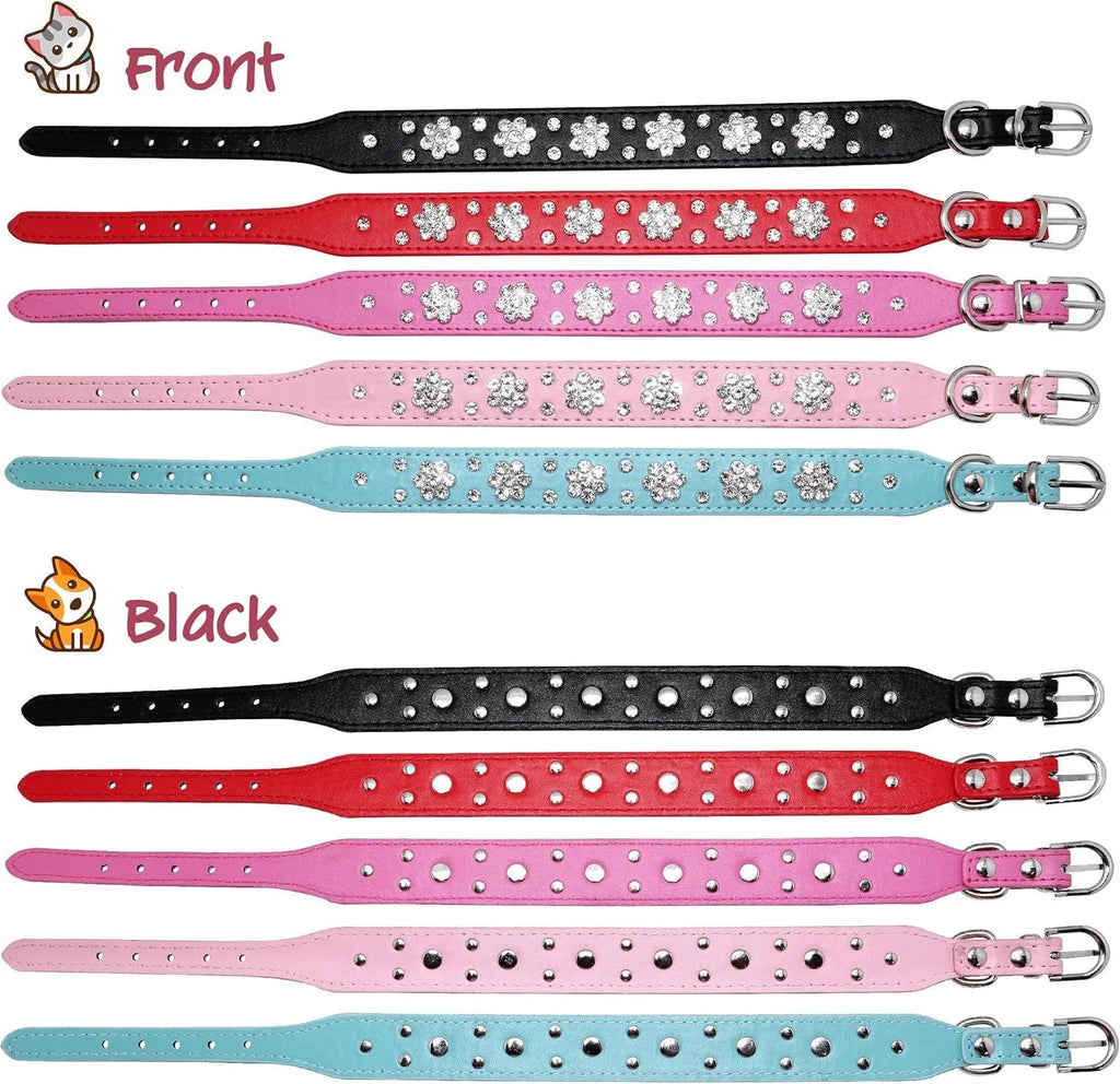 A pink PU leather dog collar studded with silver rhinestone flowers and a metal D-ring.