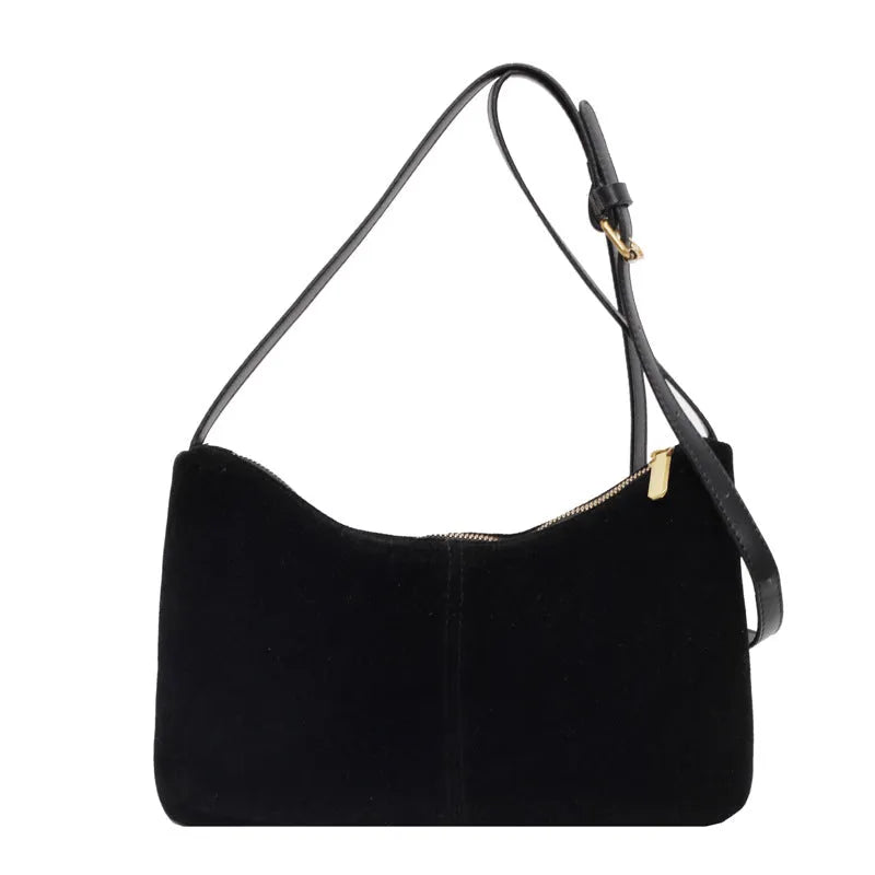 Retro suede underarm bag for women in brown, soft PU bucket style
