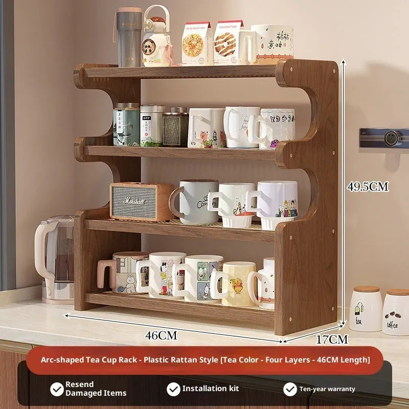 Multi-functional 4-layer desktop storage rack with arc cup holder in bamboo density plate, modern simplicity style