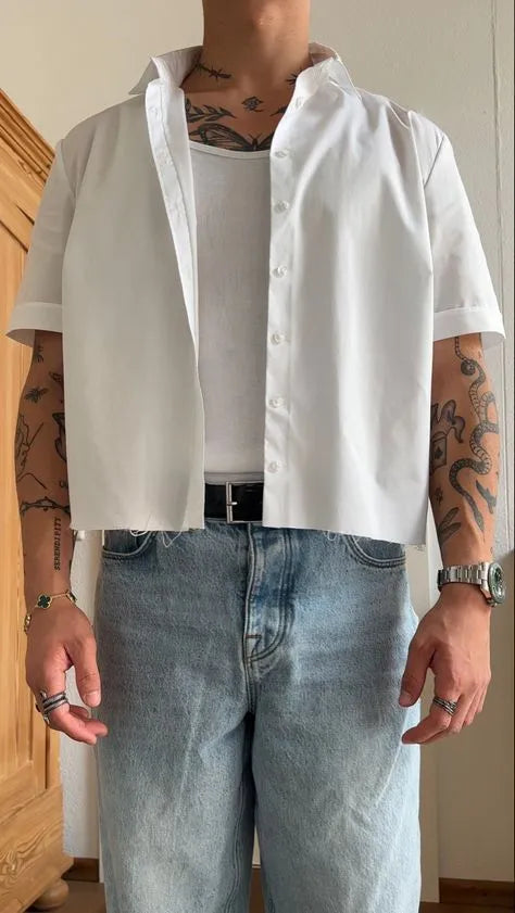 White men's short sleeve polyester shirt with cropped length design and regular fit
