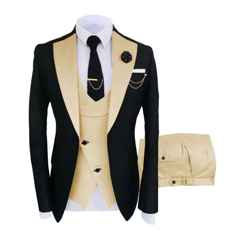 Men's black slim fit three-piece suit with vest and trousers on a hanger for formal weddings